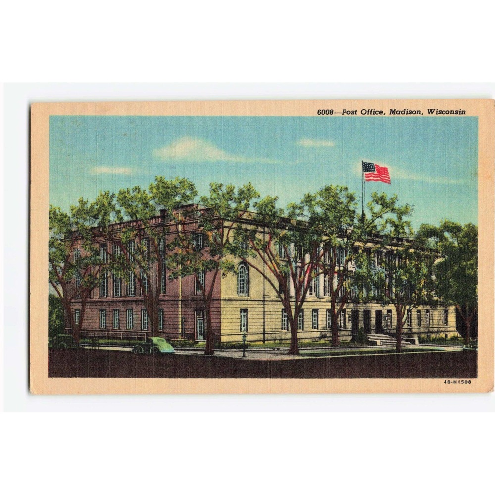 Vintage Madison Wisconsin Post Office Linen Postcard 1950 Postmark 6008 4B-H1508